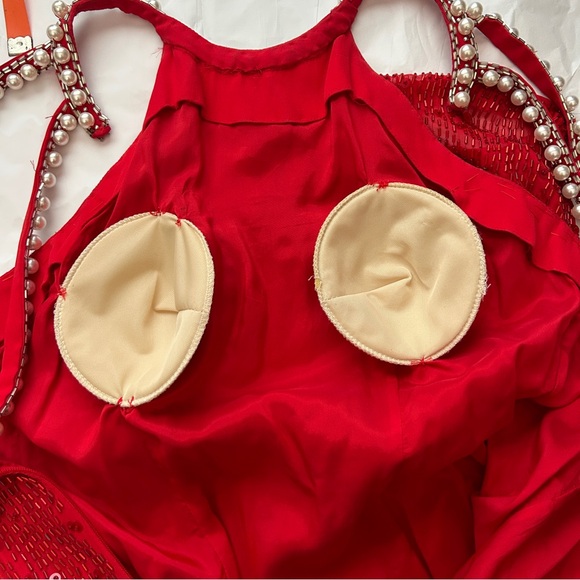 Vintage 80s Red Silk Beaded Pearl Oleg Cassini Black Tie Cocktail Dress Glam 2 - Picture 11 of 11